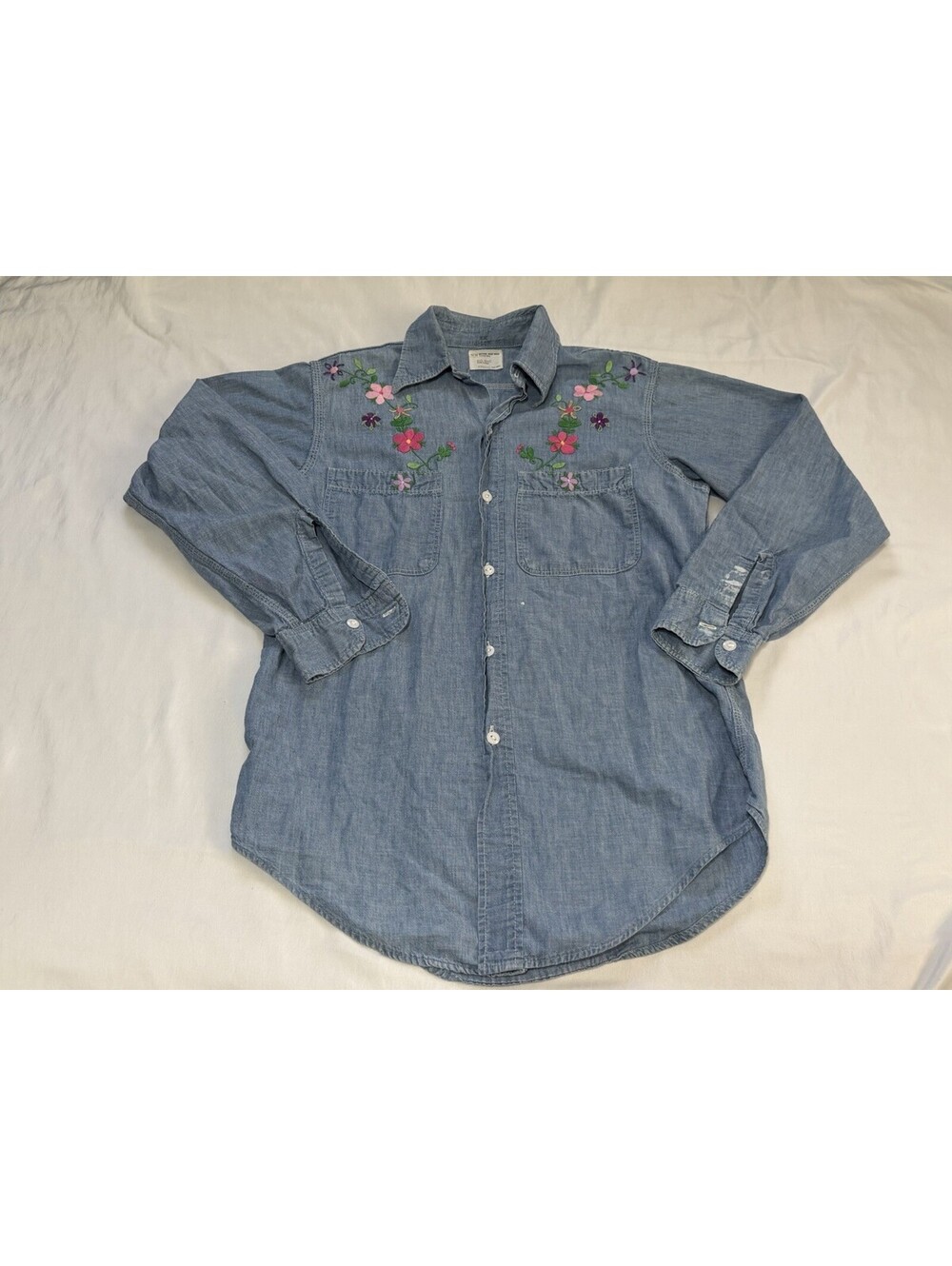 Vintage JCPenney Big Mac Womens Chambray Shirt Floral Embroidered Button Up S